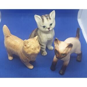 Lot-3 Vintage Porcelain Cat/Kitten Figurines- Japan 3”-4”- Unique Mid-Century!
